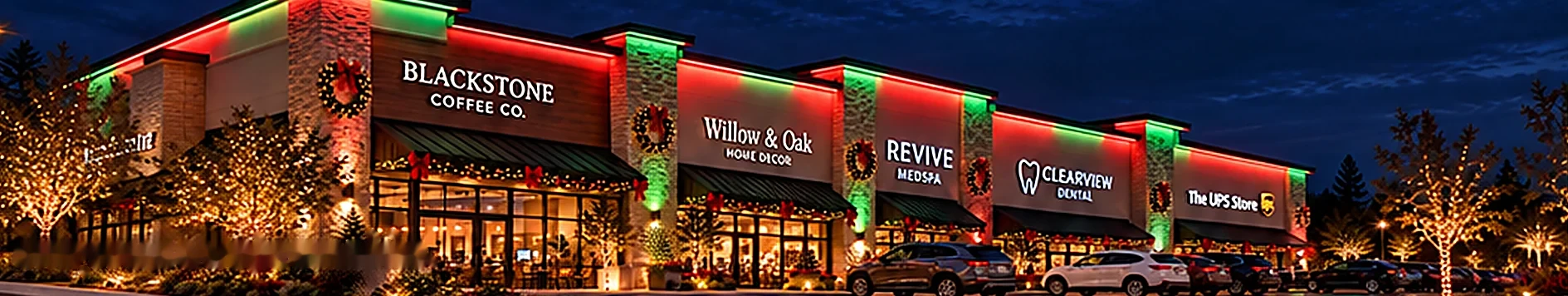 A row of shops with red and green holiday lights along the rooflines and wreaths on the columns.