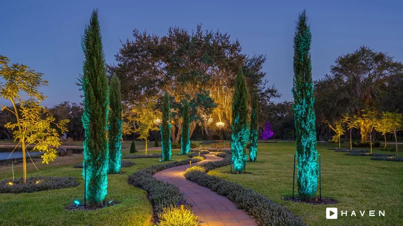 A winding brick path lined with path lights, between tall cypress trees uplit in teal and trees lit warm white.