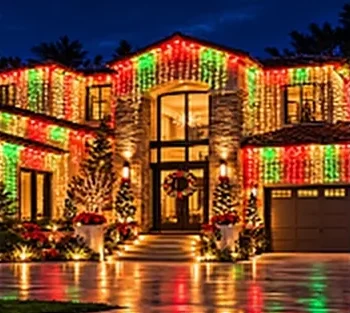 A home lit in red and green for Christmas.