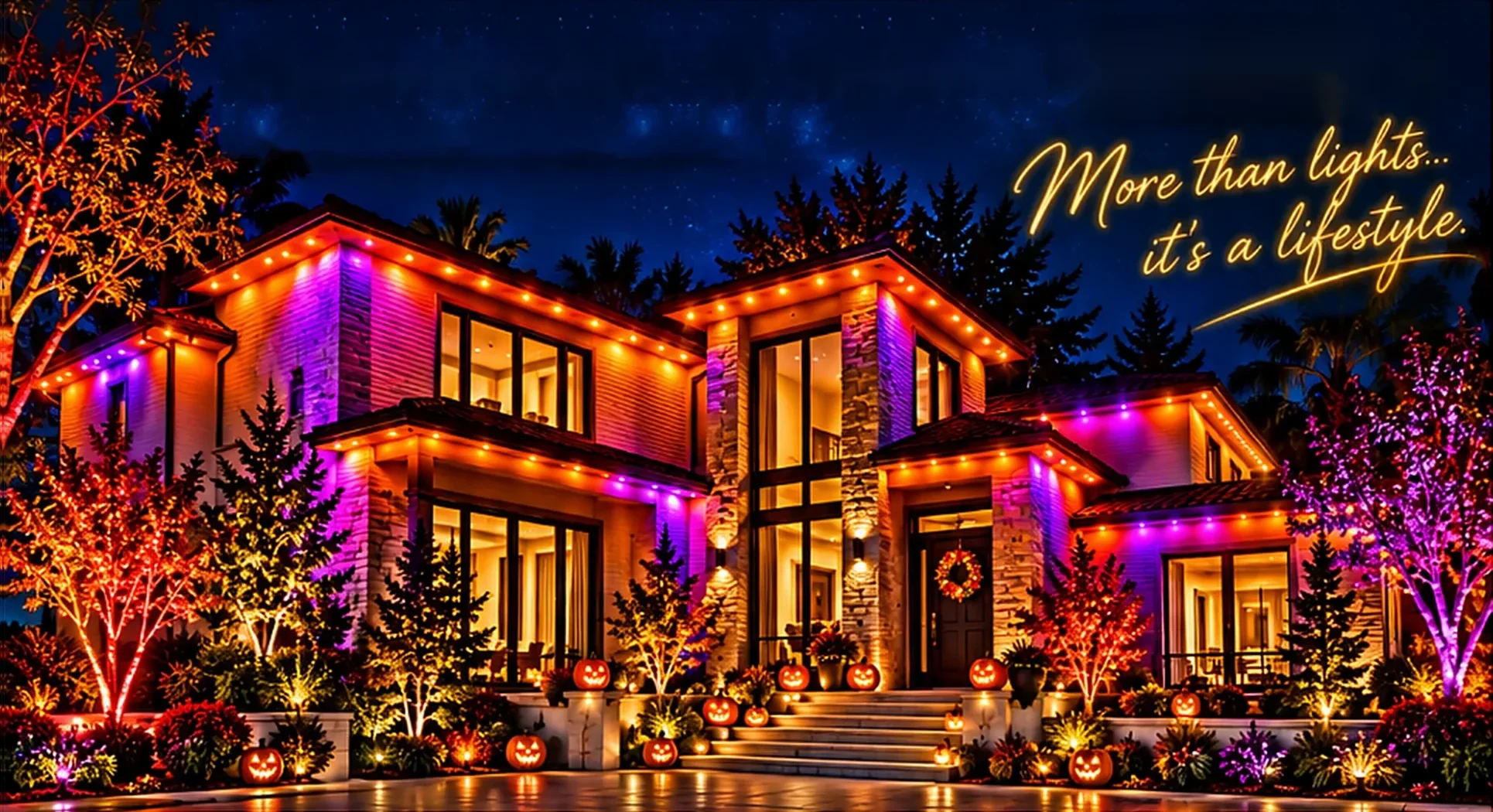 A modern stone home with orange and purple permanent roofline lighting, lit trees and jack-o’-lanterns, with the words More than lights, it’s a lifestyle.