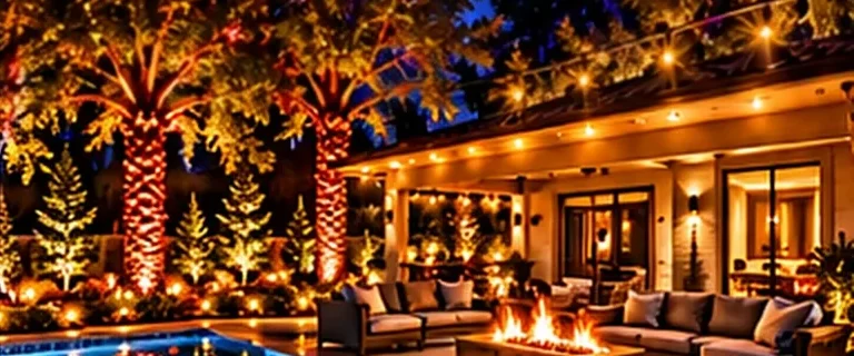 A backyard patio with string lights, uplit palm trees and a fire pit.