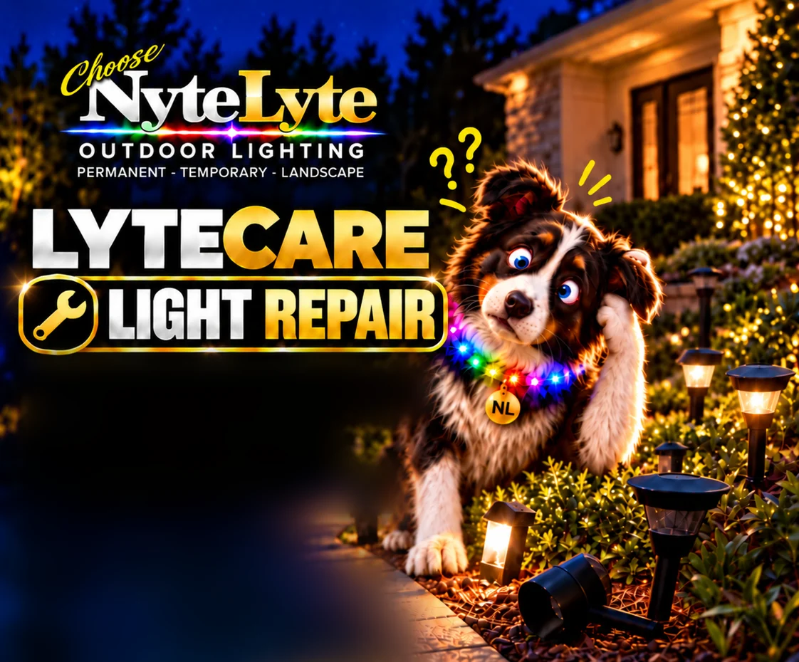 Choose NyteLyte Outdoor Lighting. LyteCare Light Repair. A puzzled dog in a glowing rainbow collar scratching its head beside a knocked-over path light in front of a lit-up house.
