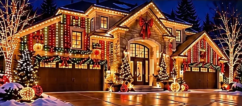 A two-story home with permanent roofline lighting plus red and white light columns, garlands and lit trees.