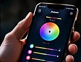 A hand holding a phone with the lighting app's color wheel.