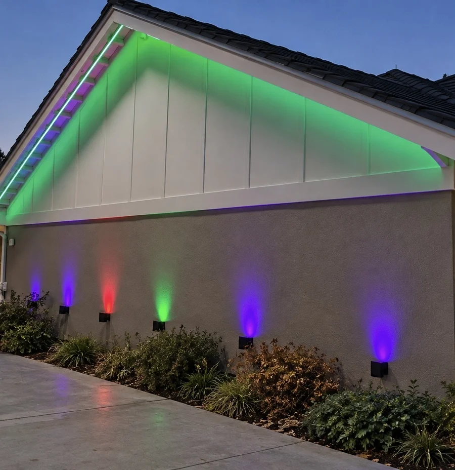 A gable lit green from under the eave with a white light line along the roofline, and purple, red and green wall lights below.