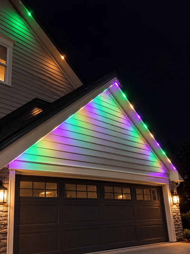 A garage gable glowing purple, green and gold from permanent lights along the roofline.
