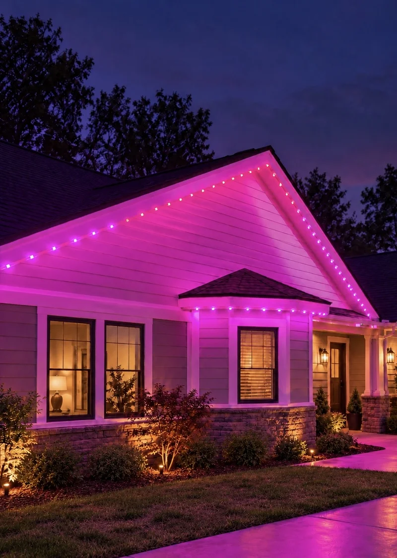 A home with pink permanent lights along the gable roofline and over the bay window, with warm landscape lighting.