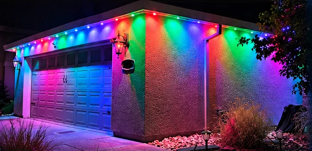 A garage and home lit with rainbow permanent lighting along the roofline at night.