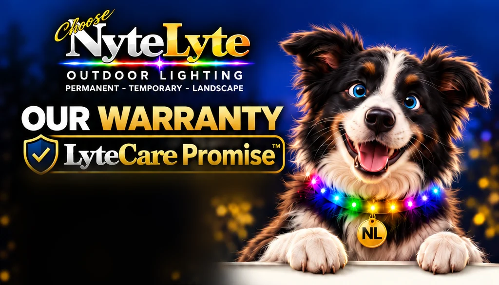 Choose NyteLyte Outdoor Lighting. Our Warranty: LyteCare Promise. A smiling dog in a glowing rainbow light collar with an NL tag, paws on a ledge.
