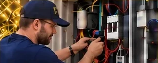 A NyteLyte electrician working inside an electrical panel.