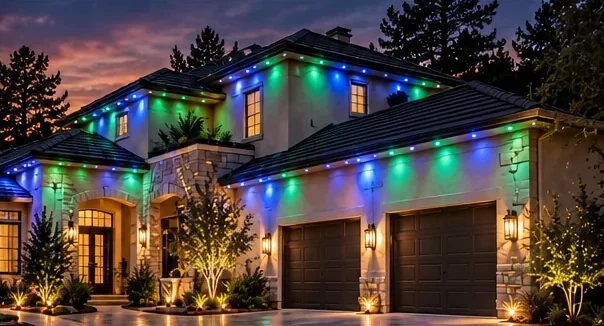 A home with blue and green permanent roofline lighting and uplit trees at dusk.