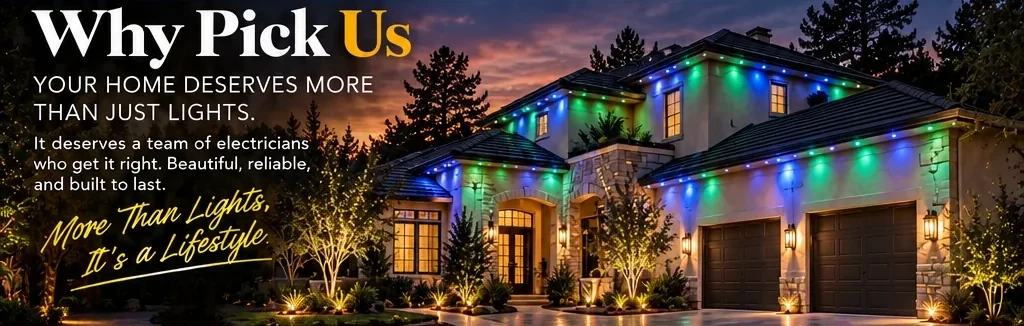A home with blue and green permanent roofline lighting and uplit trees, beside the heading Why Pick Us.