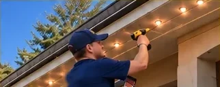 A NyteLyte installer on a ladder mounting lights under the eaves.